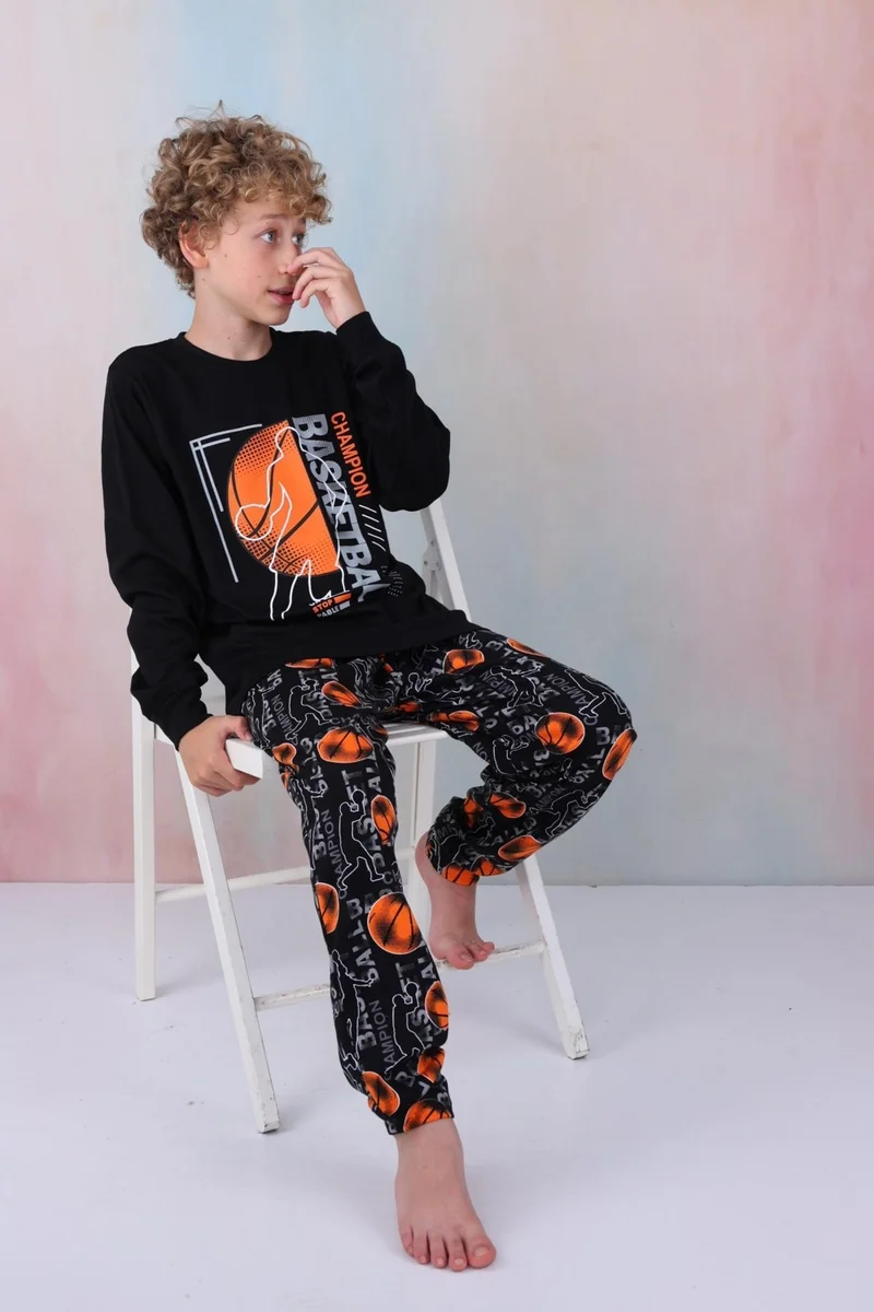 موتلو سيتي New Season Boy Gez Garson Basketball Long Sleeve Cotton Interlock Pajama Set 5154-BLACK