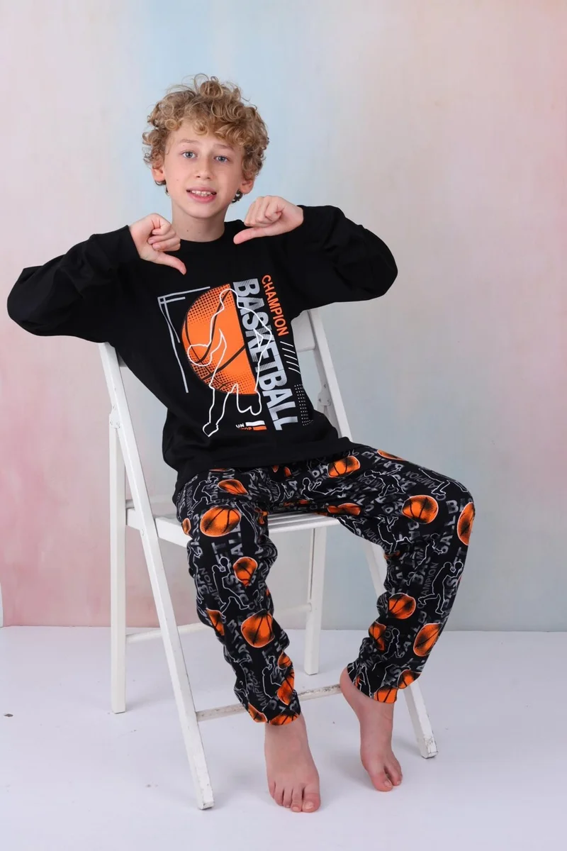 موتلو سيتي New Season Boy Gez Garson Basketball Long Sleeve Cotton Interlock Pajama Set 5154-BLACK