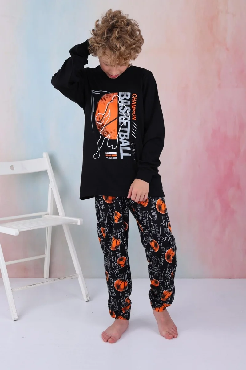 موتلو سيتي New Season Boy Gez Garson Basketball Long Sleeve Cotton Interlock Pajama Set 5154-BLACK