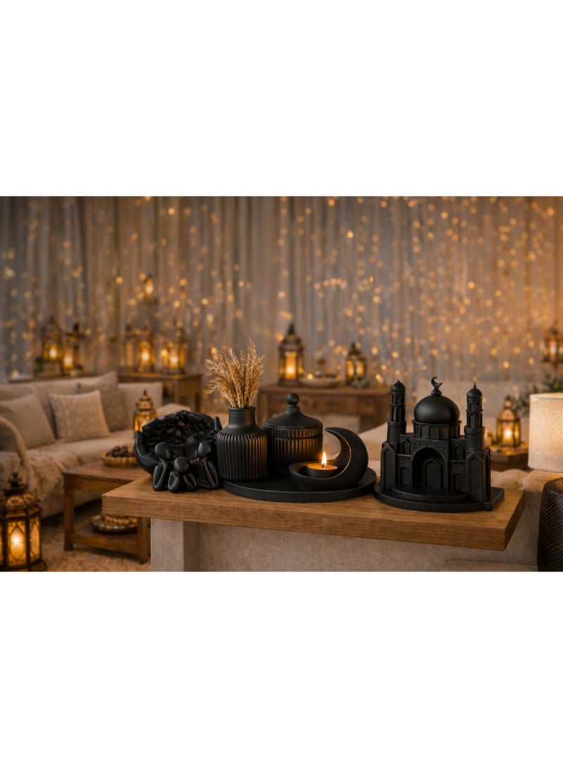 Luxury Modern Resin Home Decor Set – Black Color (8 Pieces) – Vase, Storage Jar With Lid, Crescent Moon Candle Holder, Mosque Figurine, Prayer Hand & Family Set – Modern Living Room & Ramadan Decor - Image 1