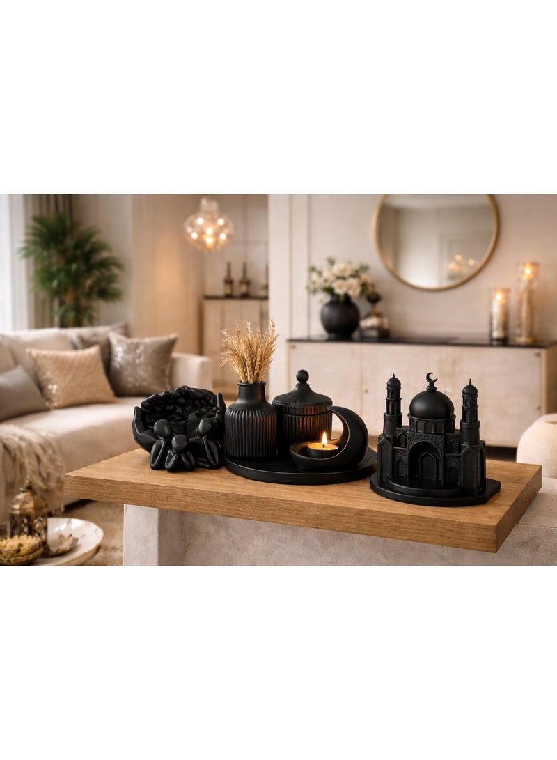 Luxury Modern Resin Home Decor Set – Black Color (8 Pieces) – Vase, Storage Jar With Lid, Crescent Moon Candle Holder, Mosque Figurine, Prayer Hand & Family Set – Modern Living Room & Ramadan Decor - Image 2
