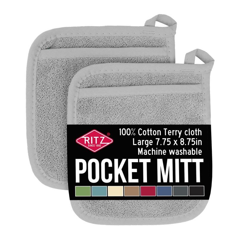 Ritz Terry Pocket Mitt & Hot Pad: Unparalleled Heat Resistant  Durable 100% Cotton - Ergonomically Designed for Optimal Grip - Easy-Care Machine Washable  Perfect for Your Kitchen - Titanium  2-Pk - Image 1
