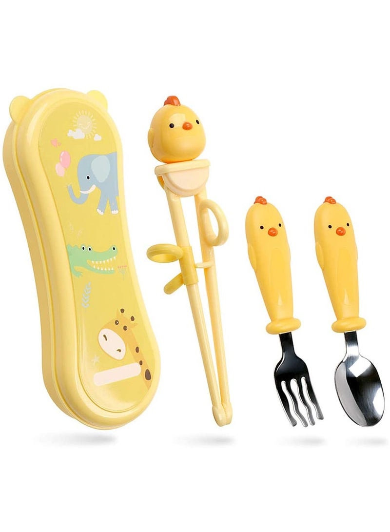 SYOSI Baby Training Chopsticks Set Chopstick Spoon Fork and Case Reusable Learning with Attachable Helper for Kids Beginners Right Handed Only - Image 1