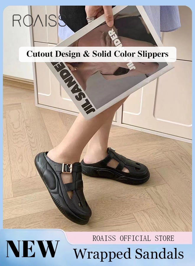 roaiss Women's Casual Half Slippers with Hollow Out Design Lightweight Thick Sole Non-Slip Sandals, Closed Toe Design for Protection, Black Versatile Color, Perfect for Outer Wear, Beach, Students and Daily Casual Use, Comfortable and Durable - Image 1