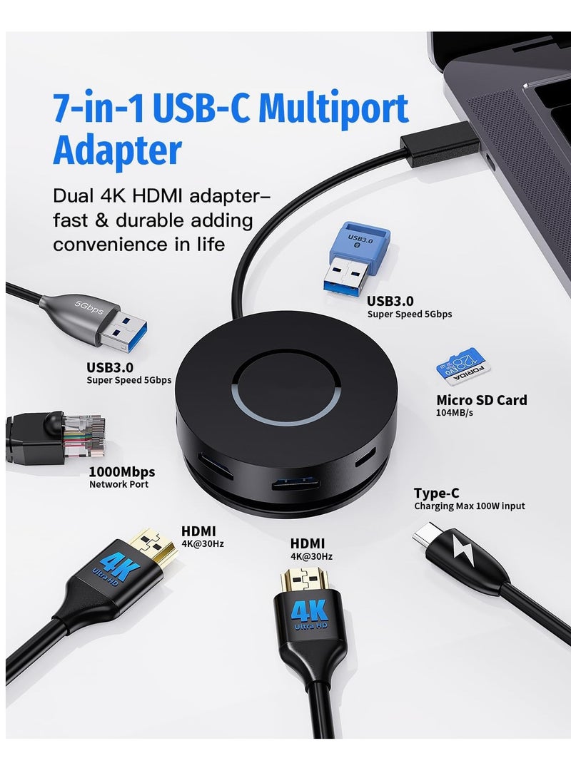 SYOSI USB C Docking Station Dual Monitor, 7-in-1 Round Multifunctional Multiport Adapter with 2 4K HDMI, 100W PD, Micro SD Card Reader, 2 USB 3.0, Gigabit Ethernet, for MacBook/Dell/HP/Lenovo Laptops - Image 2