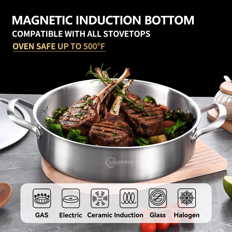 LOLYKITCH 5 QT Tri-Ply Stainless Steel SautÃ© Pan with Lid,12 Inch Deep Frying pan,Large Skillet,Jumbo Cooker,Induction Pot,Dishwasher and Oven Safe. - Image 3