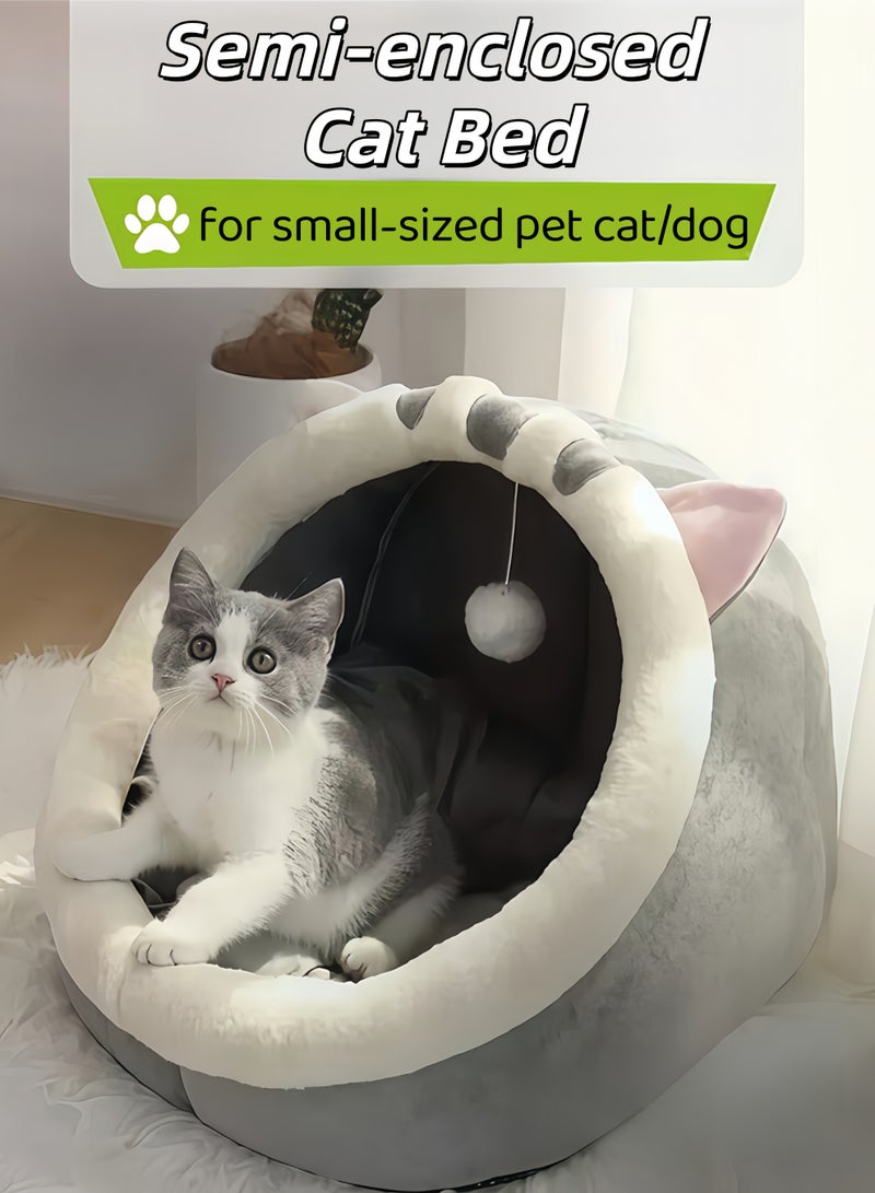 سرير للقطط، بيت للقطط مع وسادة قابلة للإزالة، سرير استراحة للقطط، سرير حيوانات أليفة برسومات كرتونية، سرير قطط شبه مغلق، قابل للغسل والإزالة مع كرة لعبة، بيت دافئ وناعم للقطط أو الكلاب، مستلزمات حيوانات أليفة محمولة ناعمة ومريحة للنوم (رمادي) - Image 1