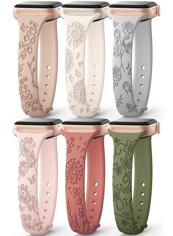امسكاي مجموعة AMSKY من 6 أساور رفيعة محفورة بنقوش زهرية، متوافقة مع ساعات Apple Watch بمقاسات 40 مم، 41 مم، 42 مم، 38 مم، 44 مم، 45 مم، 46 مم، 49 مم، للنساء. سوار رياضي أنيق من السيليكون لساعات iWatch Series 10 Ultra و9 و8 و7 و6 و5 و4 و3 و2 و1 وSE. - Image 1