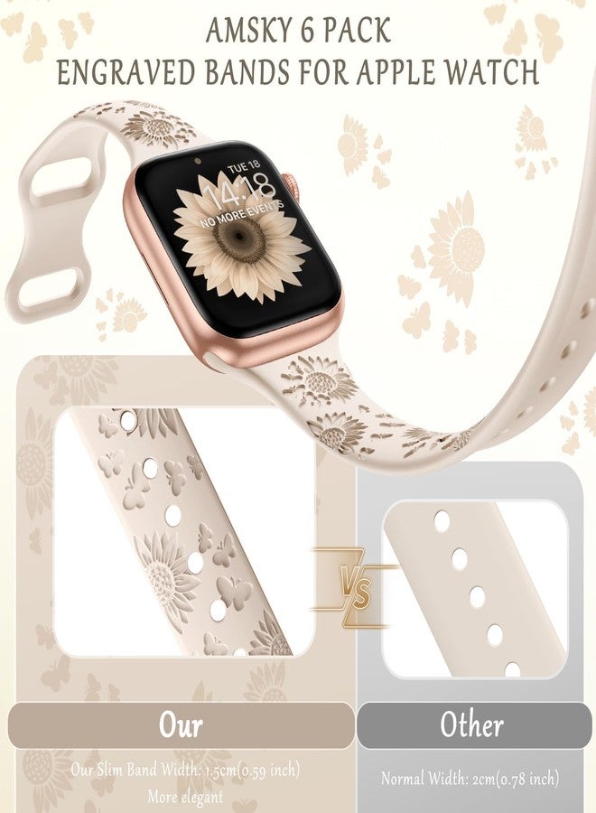 امسكاي مجموعة AMSKY من 6 أساور رفيعة محفورة بنقوش زهرية، متوافقة مع ساعات Apple Watch بمقاسات 40 مم، 41 مم، 42 مم، 38 مم، 44 مم، 45 مم، 46 مم، 49 مم، للنساء. سوار رياضي أنيق من السيليكون لساعات iWatch Series 10 Ultra و9 و8 و7 و6 و5 و4 و3 و2 و1 وSE. - Image 3