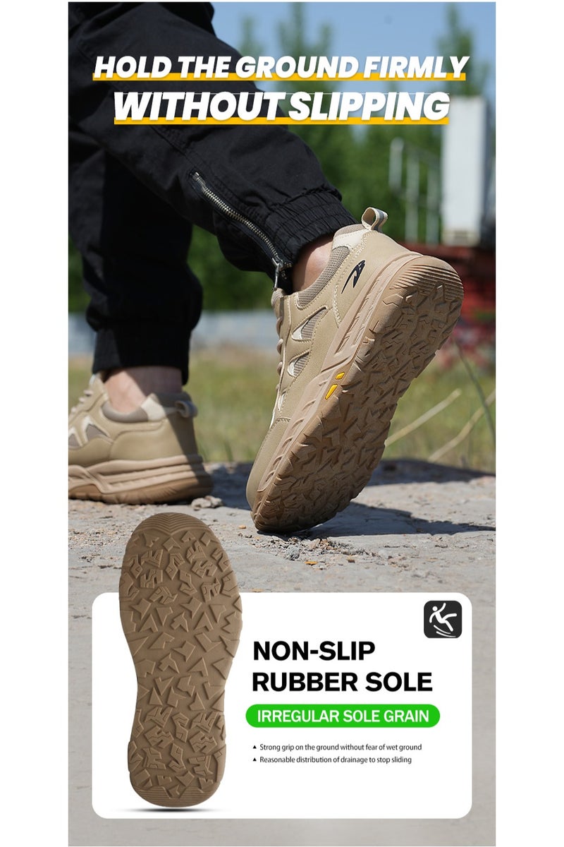 Breathable labor protection shoes, anti-smash and anti-puncture steel toe safety shoes, comfortable and wear-resistant work shoes, lightweight adventure sports shoes khaki - Image 2