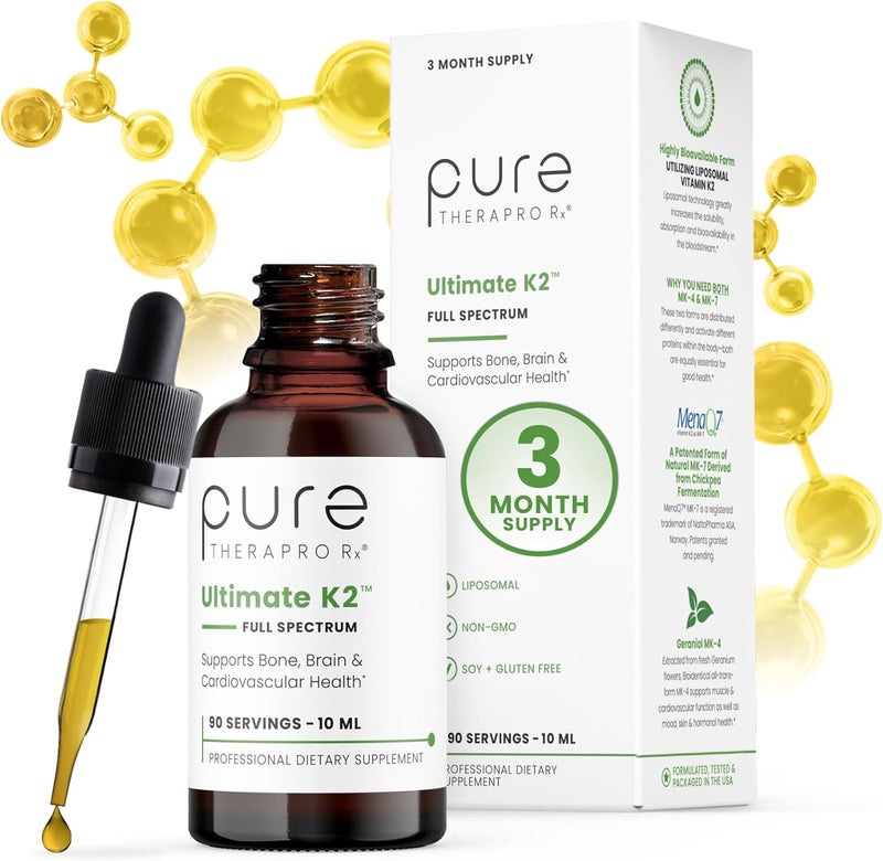 Pure Therapro Rx Ultimate K2 Supplement  Liquid Liposomal Vitamin K2 Drops  90 Servings  600mcg Vegan K2 as MK4  MenaQ7 MK7  Supports Bone Health Heart Health Skin  Hair  10 mL - Image 1