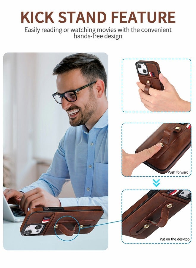 GROIC Compatible with IPhone 14 Case, Wallet Phone Cover Card Slot, PU Leather Wristband Holder Cover, Adjustable Stand Shell for 6.1 inch-Brown - Image 4