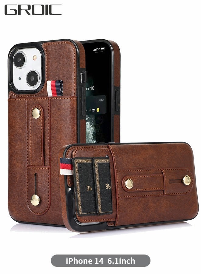 GROIC Compatible with IPhone 14 Case, Wallet Phone Cover Card Slot, PU Leather Wristband Holder Cover, Adjustable Stand Shell for 6.1 inch-Brown - Image 1