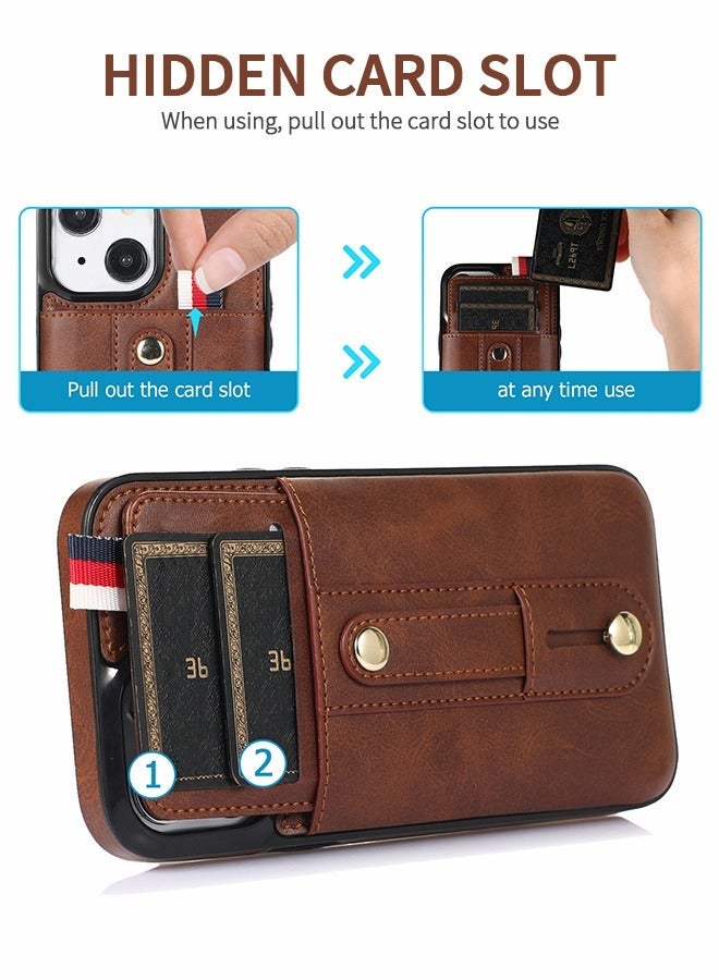 GROIC Compatible with IPhone 14 Case, Wallet Phone Cover Card Slot, PU Leather Wristband Holder Cover, Adjustable Stand Shell for 6.1 inch-Brown - Image 3