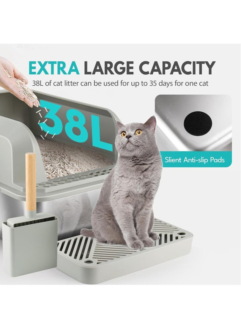 YOUWE7 YOUWE7 Stainless Steel Cat Litter Box, Metal Litter Box with Lid, High Side Enclosure Cat Litter Box for Big Cats Kittens, Extra Large Litter Box with Scoop, Non-Sticky, Easy Clean  - Image 3