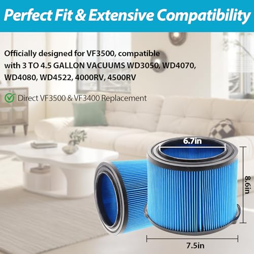ANBOO 2 Pack VF3500 Replacement Filter for Ridgid Wet Dry Vac, 3-Layer Fine Dust Filter Compatible with WD4070 WD4522 WD4050 WD3050 WD4080 4000RV 4500RV Vacuum, Washable & Reusable - Image 2