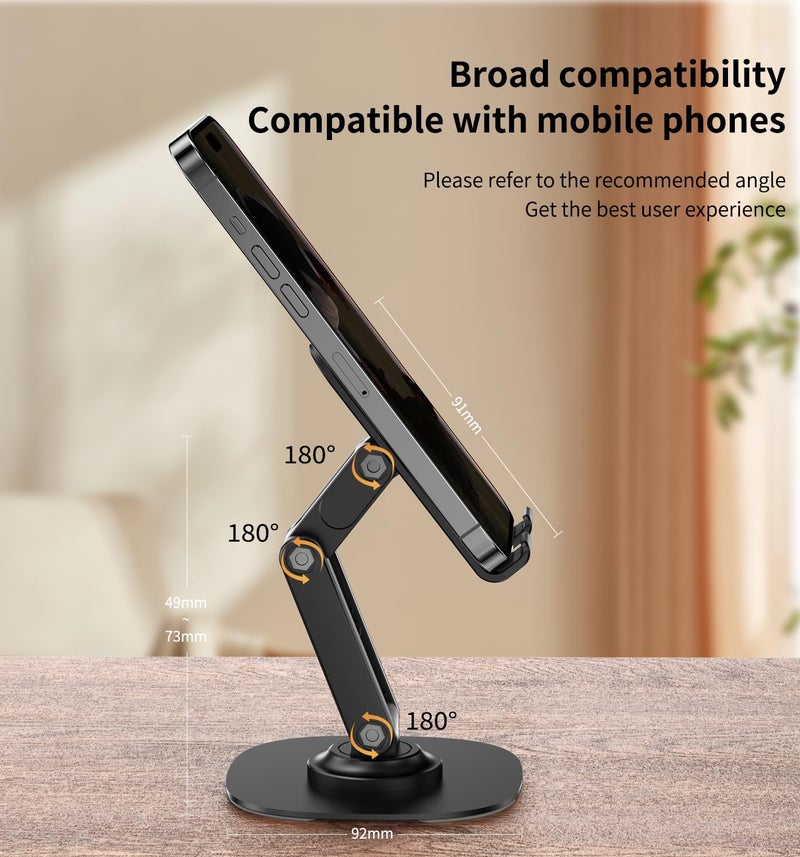 CXTX 360Â° Rotating Cell Phone Stand for Desk, Adjustable & Foldable Phone Holder, Aluminum Desktop Phone Stand with Anti-Slip Base, Compatible with iPhone, iPad, Android Phones, K69-Black - Image 4