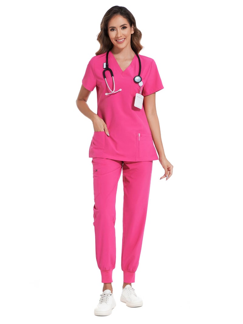 COZYFIT Scrubs for Women Set - Stretch V-Neck Scrub Top & Jogger Pant with 8 Pockets, Yoga Waistband, Anti Wrinkle, Slim Fit Women Scrubs - Hot Pink, M - Image 2