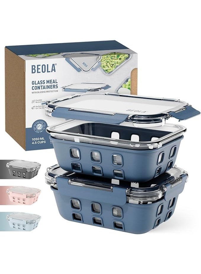 بيولا مجموعة من 2 حاويات تخزين طعام زجاجية مع اغطية محكمة الغلق وحماية من السيليكون، منظم طعام مانع للتسرب، امن للاستخدام في الفريزر وغسالة الصحون والميكروويف، منظم مطبخ للطعام (1050 مل، ازرق بحري) - Image 1