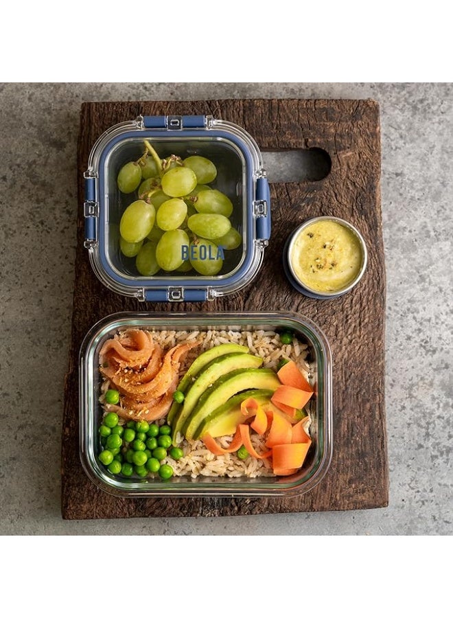 بيولا مجموعة من 2 حاويات تخزين طعام زجاجية مع اغطية محكمة الغلق وحماية من السيليكون، منظم طعام مانع للتسرب، امن للاستخدام في الفريزر وغسالة الصحون والميكروويف، منظم مطبخ للطعام (1050 مل، ازرق بحري) - Image 2