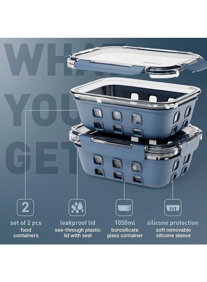 بيولا مجموعة من 2 حاويات تخزين طعام زجاجية مع اغطية محكمة الغلق وحماية من السيليكون، منظم طعام مانع للتسرب، امن للاستخدام في الفريزر وغسالة الصحون والميكروويف، منظم مطبخ للطعام (1050 مل، ازرق بحري) - Image 3