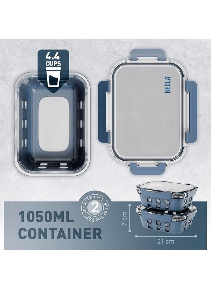 بيولا مجموعة من 2 حاويات تخزين طعام زجاجية مع اغطية محكمة الغلق وحماية من السيليكون، منظم طعام مانع للتسرب، امن للاستخدام في الفريزر وغسالة الصحون والميكروويف، منظم مطبخ للطعام (1050 مل، ازرق بحري) - Image 5
