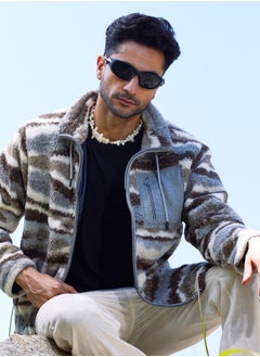 Campus Sutra Men's Light Grey & Chocolate Brown Camouflage Sherpa Puffer Jacket  - Image 1
