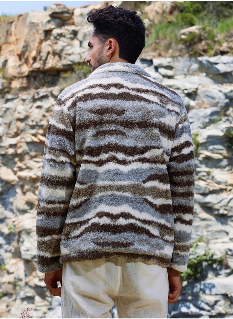 كامبوس سوترا Men's Light Grey & Chocolate Brown Camouflage Sherpa Puffer Jacket  - Image 5