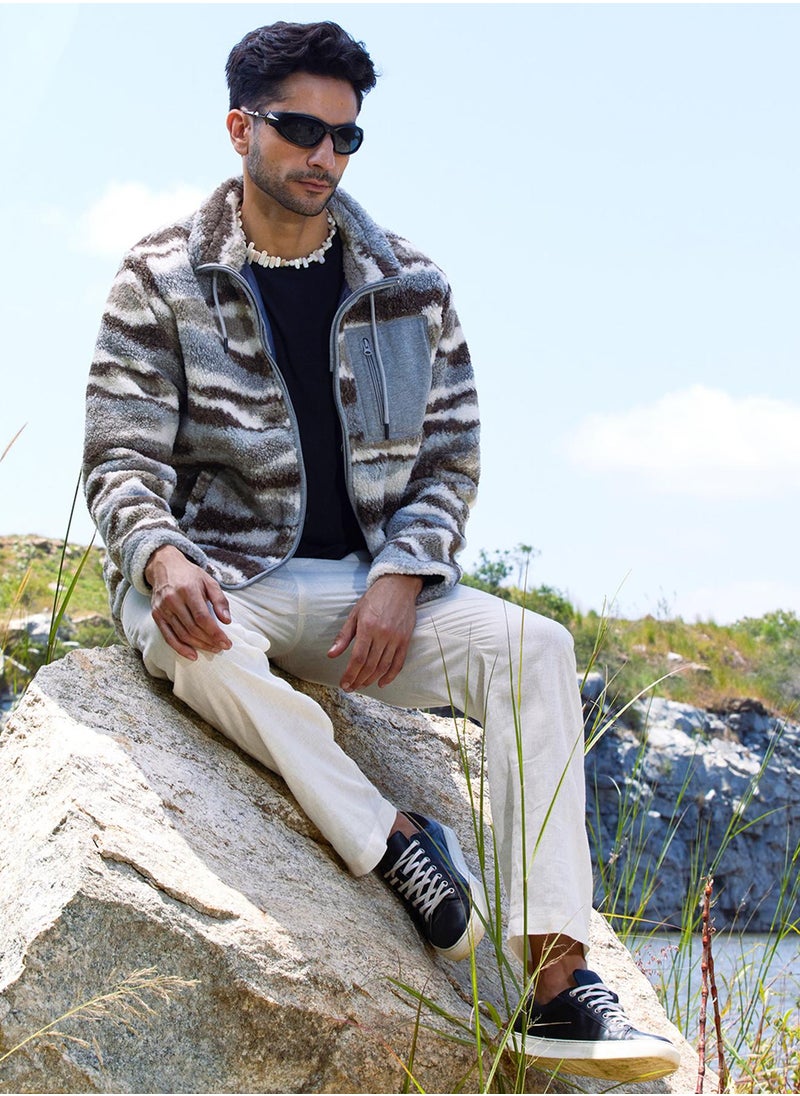 Campus Sutra - Men's Light Grey & Chocolate Brown Camouflage Sherpa Puffer Jacket - Image 1