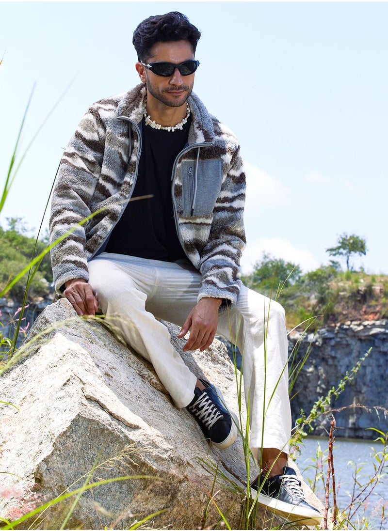 Campus Sutra - Men's Light Grey & Chocolate Brown Camouflage Sherpa Puffer Jacket - Image 1