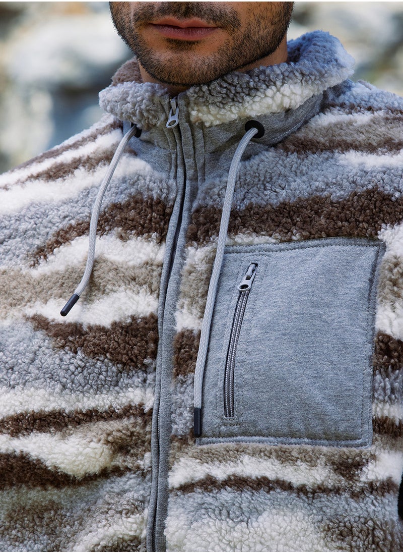 Campus Sutra - Men's Light Grey & Chocolate Brown Camouflage Sherpa Puffer Jacket - Image 1