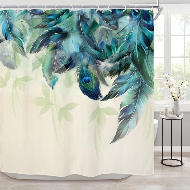 Riyidecor Teal Peacock Turquoise Feather Shower Curtain for Bathroom Decor 72Wx72H Inch Watercolor Green Leaf Bathtub Accessories for Women Girl Vintage Floral Panel Set Fabric Waterproof 12 Pack Hook