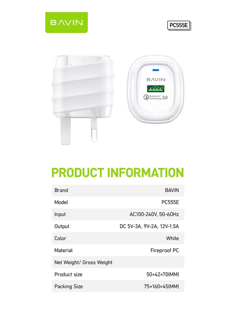 Bavin 18W Fast Charger + Free TypeC-USB 3.0 Charging Speed Cable PC555E - Image 5