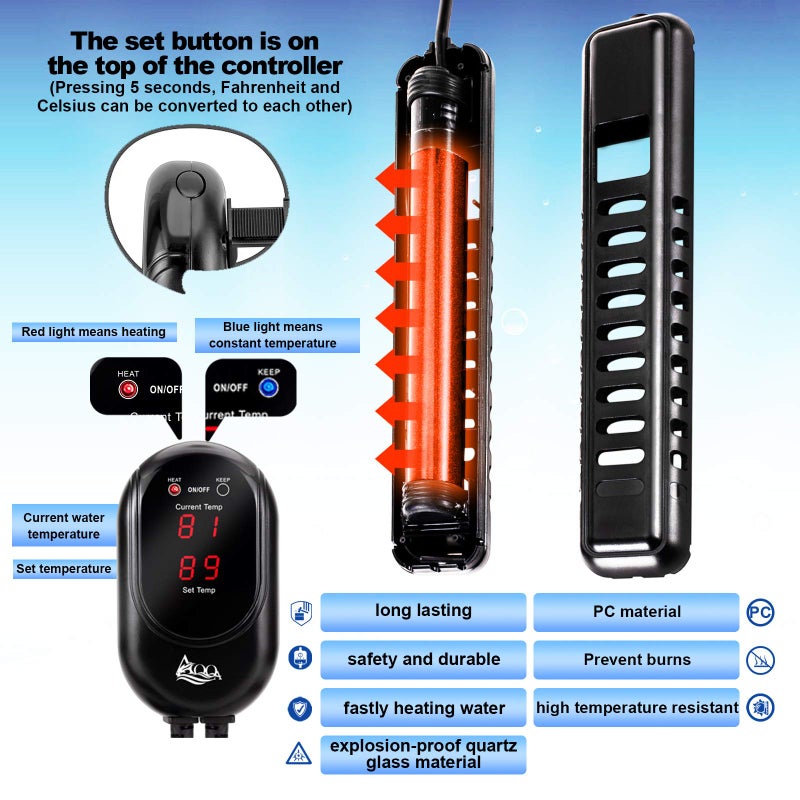 AQQA Submersible Aquarium Heater,100W/200W/300W/500W/800W/1000W/1200W Fish Tank Heater,External Temperature Controller LED Temperature Display,Suitable for Saltwater and Freshwater(100W) - Image 3