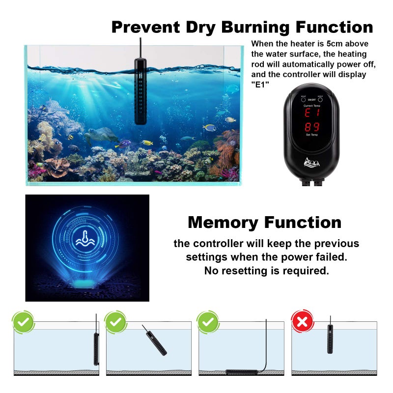 AQQA Submersible Aquarium Heater,100W/200W/300W/500W/800W/1000W/1200W Fish Tank Heater,External Temperature Controller LED Temperature Display,Suitable for Saltwater and Freshwater(100W) - Image 5