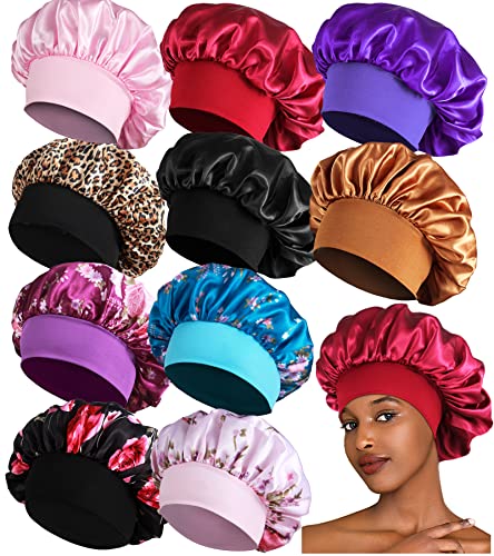 Heniho 10PCS Satin Bonnets for Women Sleeping, Large Braids Bonnet Wide Band Hair Bonnets - Image 1