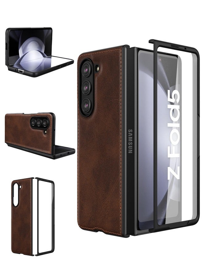 Foluu Case for Samsung Galaxy Z Fold 5, with Front Built-in Screen Protector, PU Leather + Hard PC Shell Ultra Thin Slim Durable Protective Phone Cover for Samsung Galaxy Z Fold5 5G 2023 (Brown) - Image 1