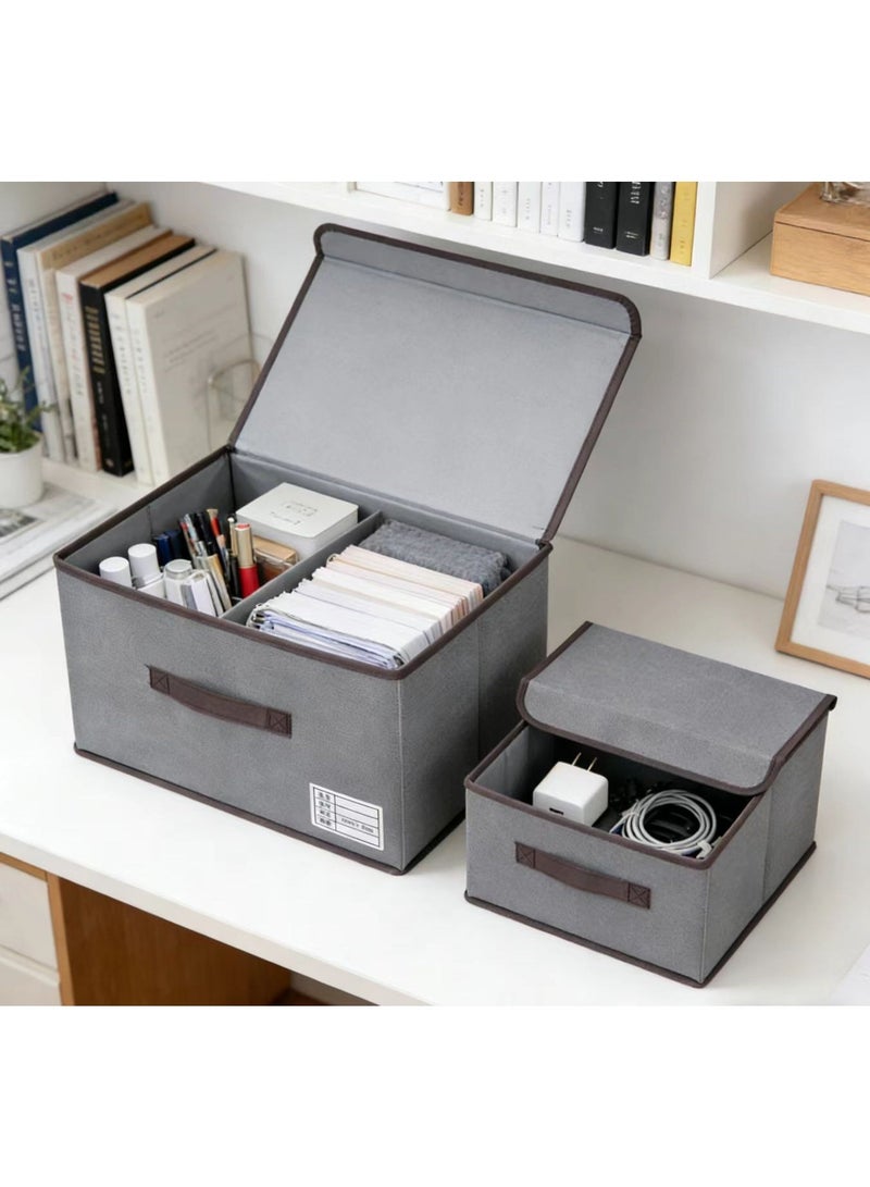 2 Pcs Grey Fabric Storage Box Set Large+Small Foldable Organizer with Lid Handle for Home Kitchen Bedroom - Image 4