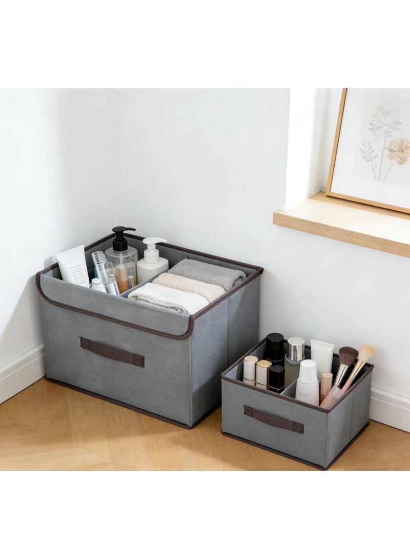 2 Pcs Grey Fabric Storage Box Set Large+Small Foldable Organizer with Lid Handle for Home Kitchen Bedroom - Image 5