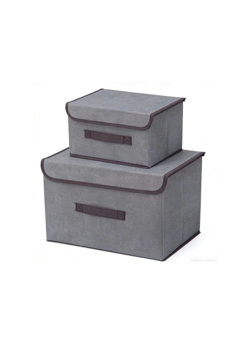 2 Pcs Grey Fabric Storage Box Set Large+Small Foldable Organizer with Lid Handle for Home Kitchen Bedroom - Image 1