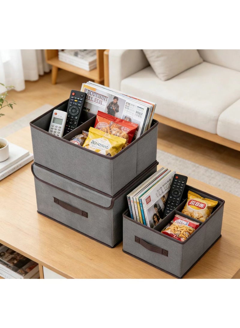 2 Pcs Grey Fabric Storage Box Set Large+Small Foldable Organizer with Lid Handle for Home Kitchen Bedroom - Image 3