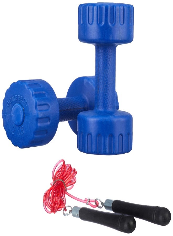 FITMAX 2 kg Set Combo with Wooden Skipping Rope PVC Fixed Weight Dumbbell (4kg) (Multicolor) - Image 1