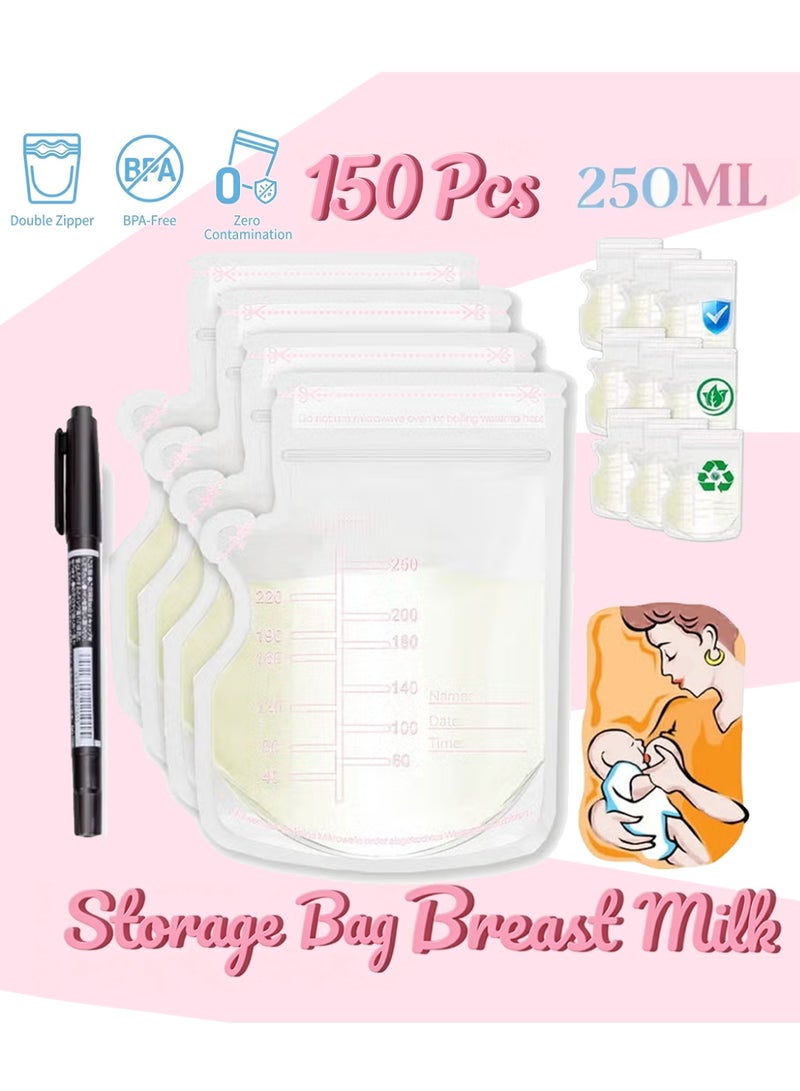 Bincoo 150 Pcs New Upgraded Breast Milk Storage Bags Leak-proof Double Zipper And Self-stand Design BPA-Free, Milk Freezer Storage Pouches, Milk Storage Bags with Pour Spout for Breastfeeding, Self-Standing Bag, Space Saving Flat Profile, With Mark Pen 250ML - Image 1