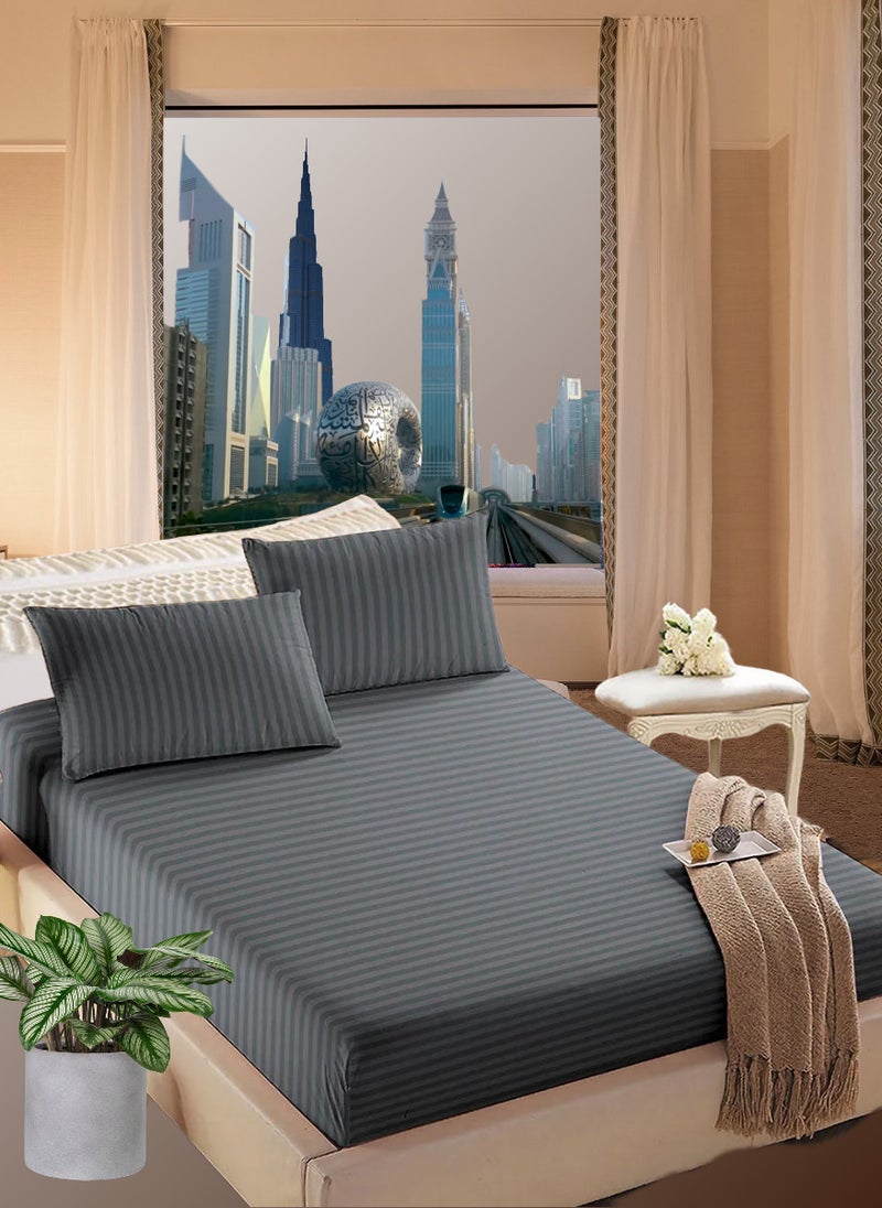 Blueberry Cloudy Grey Double Size Striped Bed Sheet Set Cotton 150x200+25cm - Image 1