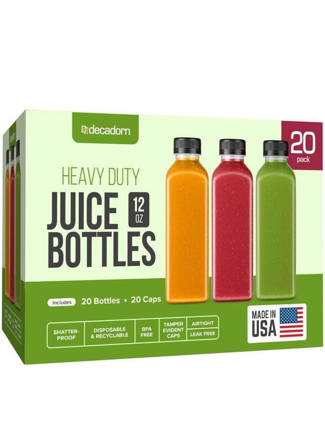 DECADORN 12oz Plastic Juice Bottles For Juicing - 20 Pack Plastic Bottles With Caps - MADE IN USA Juicing Bottles Reusable With Lids - Juicer Bottles With Tamper Evident Caps - Juice Containers - Image 1
