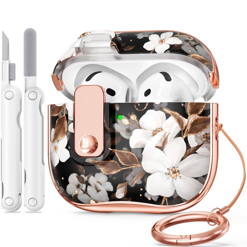 Polislime for Apple AirPod 4 Case 2024 with Lock,Clear TPU Floral AirPod 4th Generation Cases for Women Girly, iPod 4 Case with Keychain & Cleaner Kit- Black Gold Flower - Image 1