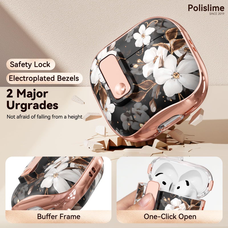 Polislime for Apple AirPod 4 Case 2024 with Lock,Clear TPU Floral AirPod 4th Generation Cases for Women Girly, iPod 4 Case with Keychain & Cleaner Kit- Black Gold Flower - Image 3