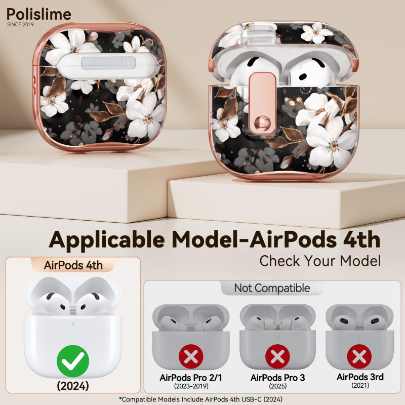 Polislime for Apple AirPod 4 Case 2024 with Lock,Clear TPU Floral AirPod 4th Generation Cases for Women Girly, iPod 4 Case with Keychain & Cleaner Kit- Black Gold Flower - Image 2