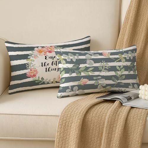 BRICK HOME Set of 2 Polycotton Printed Cushion Covers 12x18 Inches | Botanical Floral & Quote Design | Green, Blush Pink & Grey Stripes | Soft Decorative Pillow Covers for Sofa, Couch & Living Room - Image 2