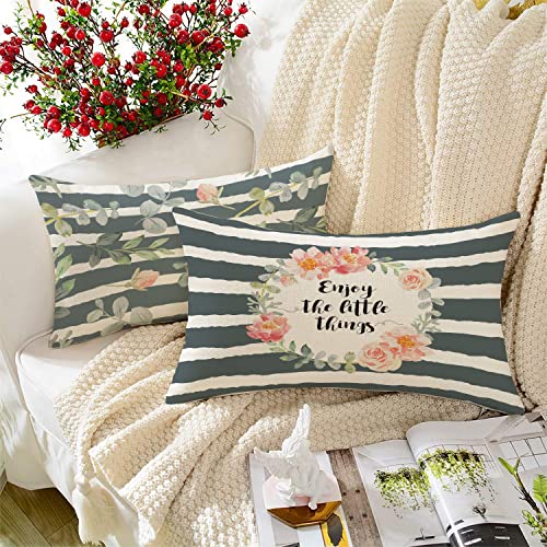 BRICK HOME Set of 2 Polycotton Printed Cushion Covers 12x18 Inches | Botanical Floral & Quote Design | Green, Blush Pink & Grey Stripes | Soft Decorative Pillow Covers for Sofa, Couch & Living Room - Image 1